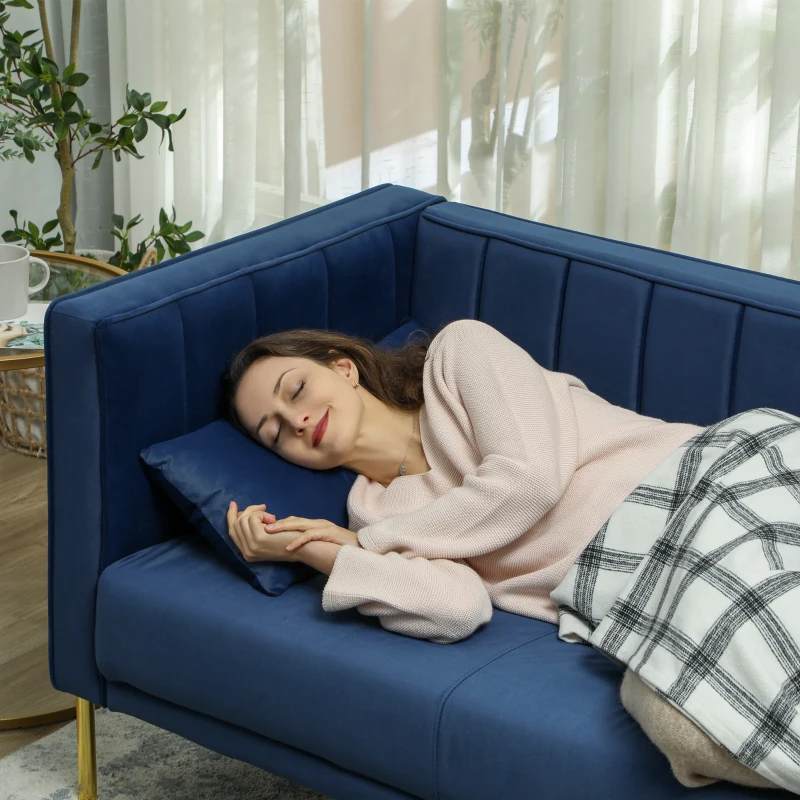 HOMCOM Sofá de 3 Lugares Estofado em Veludo com 2 Almofadas Apoio para os Braços e Pés Dourados 194,5x76x76 cm Azul Marinho