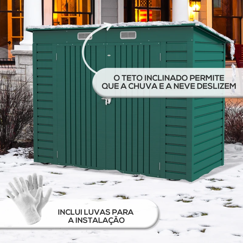 Outsunny Abrigo de Jardim 2,7m² 249x121x183 cm Abrigo de Exterior com Porta Dupla 2 Ventilaç4oes e Trava Abrigo para Pátio Verde