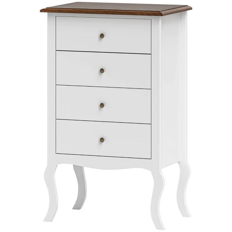 HOMCOM Cómoda com 4 Gavetas Cómoda para Dormitório Estilo Francês com Sistema Anti-Tombo 60x40x98,5 cm Branco e Madeira