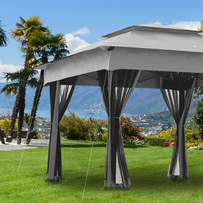 Outsunny Tenda Dobrável Exterior 325x325x270 cm Tenda de Jardim com Teto Duplo Rede Mosquiteira Amovível e Bolsa de Transporte Cinzento