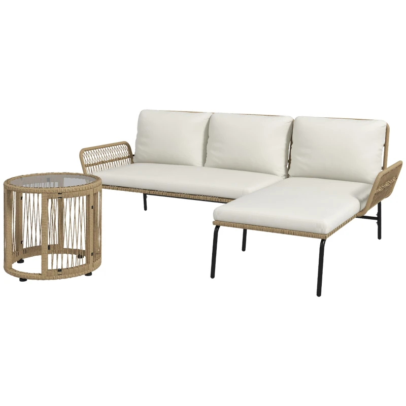 Outsunny Conjunto de Móveis de Jardim em Vime com Sofá de 2 Lugares Chaise Longue Almofadas e Mesa Auxiliar Creme e Madeira