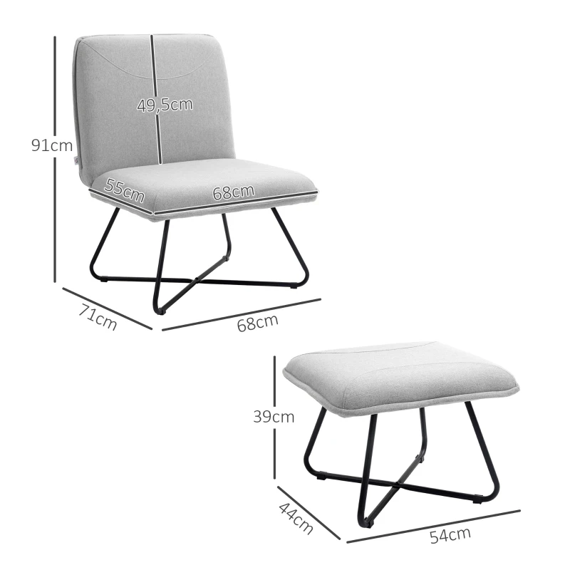 HOMCOM Poltrona Sala de Estar com Apoio para os Pés Poltrona Relax com Pés de Aço em Forma de Cruz Cinza Claro