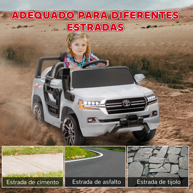 AIYAPLAY Carro Elétrico para Crianças Toyota Land Cruiser 12V com Faróis Buzina Arranque Lento e Música MP3 107x65x55,5 cm Cinza