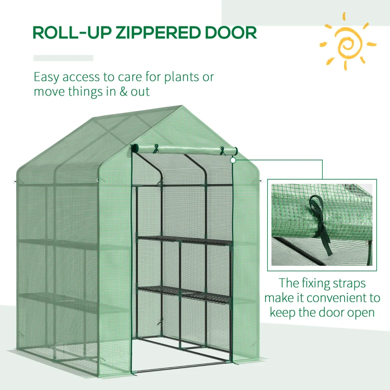 Outsunny Walk-in Small Greenhouse with Shelves, Outdoor Green House Grow House with Waterproof PE Cover and Roll-up Door, 143x143x195cm, Green