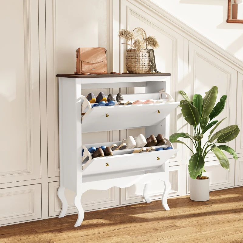 HOMCOM Móvel Sapateira Estilo Francês Sapateira com 2 Gavetas Prateleiras Ajustáveis para 16 Pares de Sapato 84x29x109 cm Branco