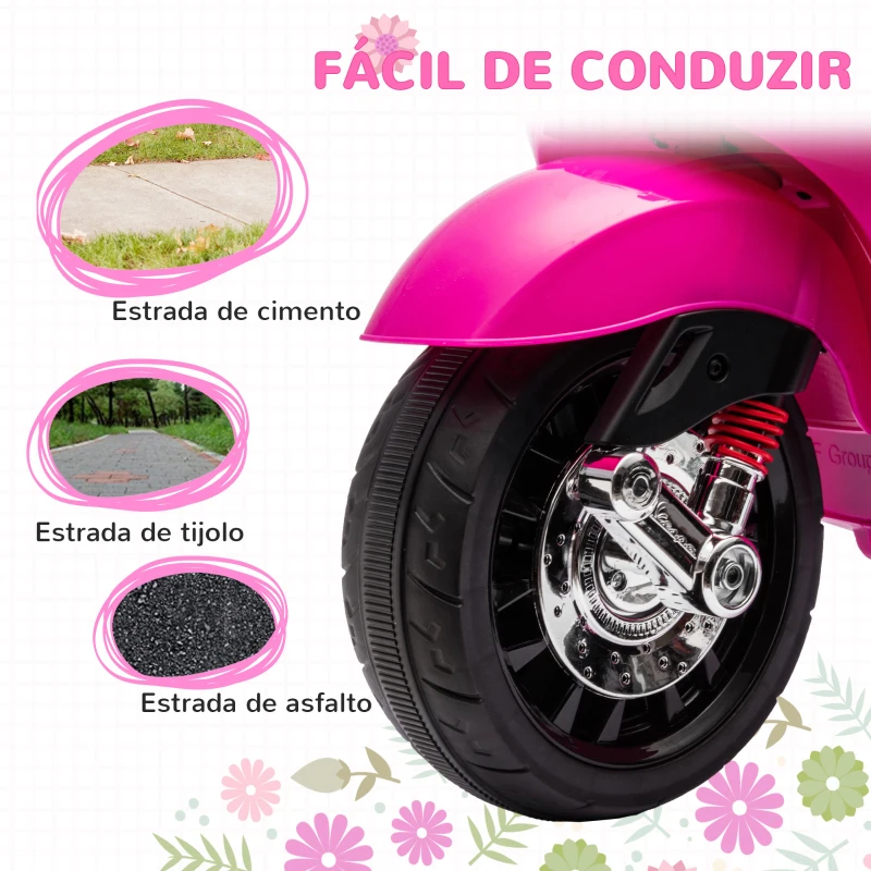 AIYAPLAY Moto Elétrica para Crianças com Licença Vespa 6V com USB MP3 Luz LED Rádio FM  Velocidade 3 km/h 107x47x73 cm Rosa