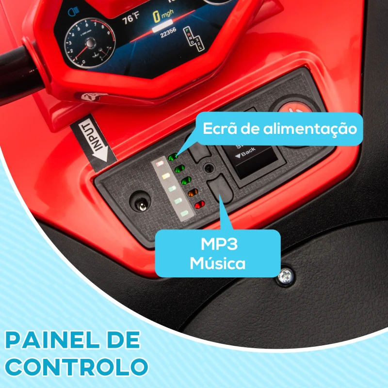 AIYAPLAY Quadriciclo Elétrico para Crianças com Bateria 12V Faróis e Música Carga 30 kg 85x55,5x62 cm Vermelho