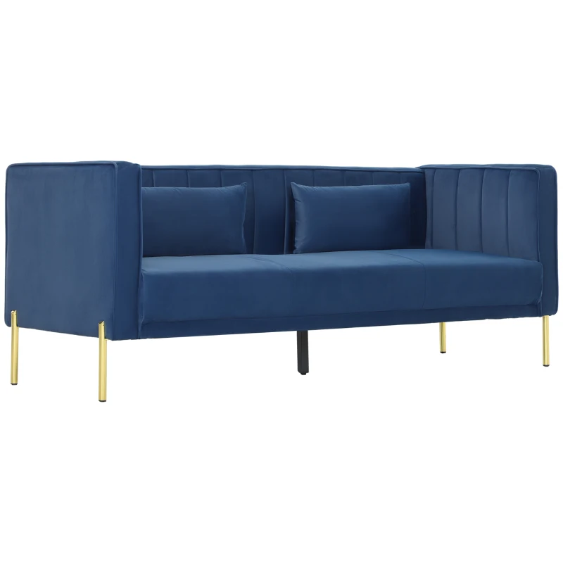 HOMCOM Sofá de 3 Lugares Estofado em Veludo com 2 Almofadas Apoio para os Braços e Pés Dourados 194,5x76x76 cm Azul Marinho
