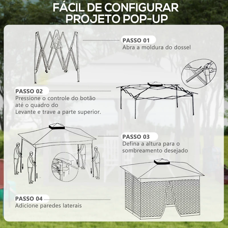 Outsunny Tenda Dobrável Exterior 325x325x270 cm Tenda de Jardim com Teto Duplo Rede Mosquiteira Amovível e Bolsa de Transporte Cinza