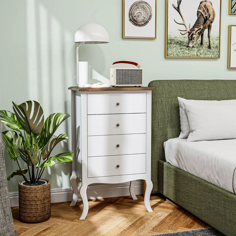 HOMCOM Cómoda com 4 Gavetas Cómoda para Dormitório Estilo Francês com Sistema Anti-Tombo 60x40x98,5 cm Branco e Madeira