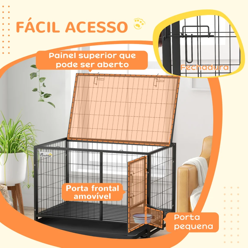 PawHut Gaiola para Cães com Parte Superior Rebatível Suporte de Tigelas Bandeja Amovível Rodas e Porta Dupla 109x72x79 cm Preto