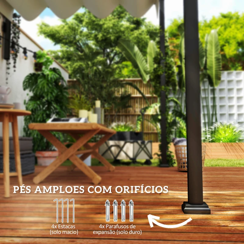 Outsunny Pérgola de Parede 297x211x220 cm Pérgola de Jardim com Teto Retrátil e Estrutura de Aço Pérgola Creme