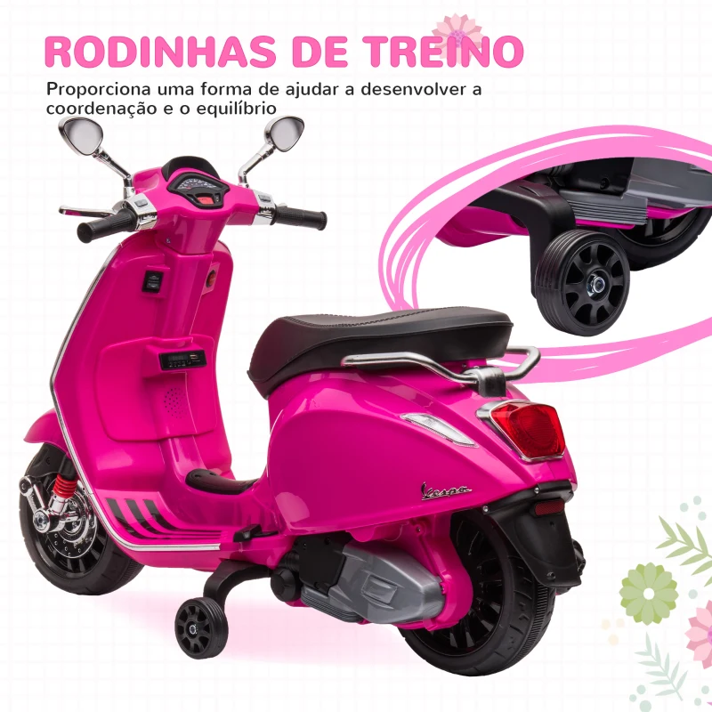 AIYAPLAY Moto Elétrica para Crianças com Licença Vespa 6V com USB MP3 Luz LED Rádio FM  Velocidade 3 km/h 107x47x73 cm Rosa