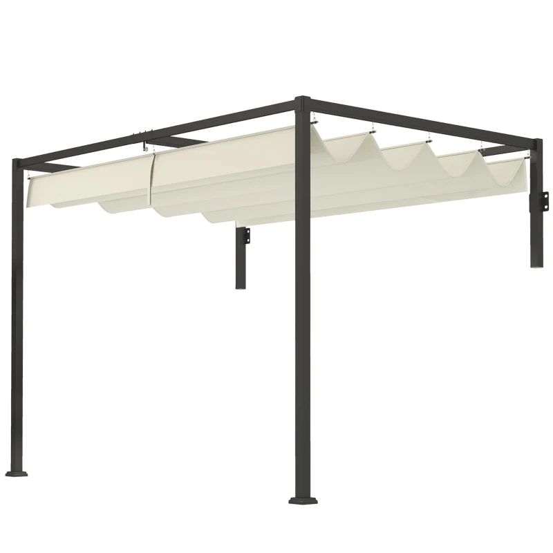Outsunny Pérgola de Parede 297x211x220 cm Pérgola de Jardim com Teto Retrátil e Estrutura de Aço Pérgola Creme