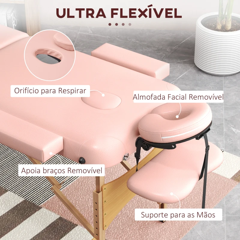 HOMCOM Marquesa de Massagem Dobrável Marquesa com Altura Ajustável Desenho Ergonómico 185x60x64-88 cm Rosa