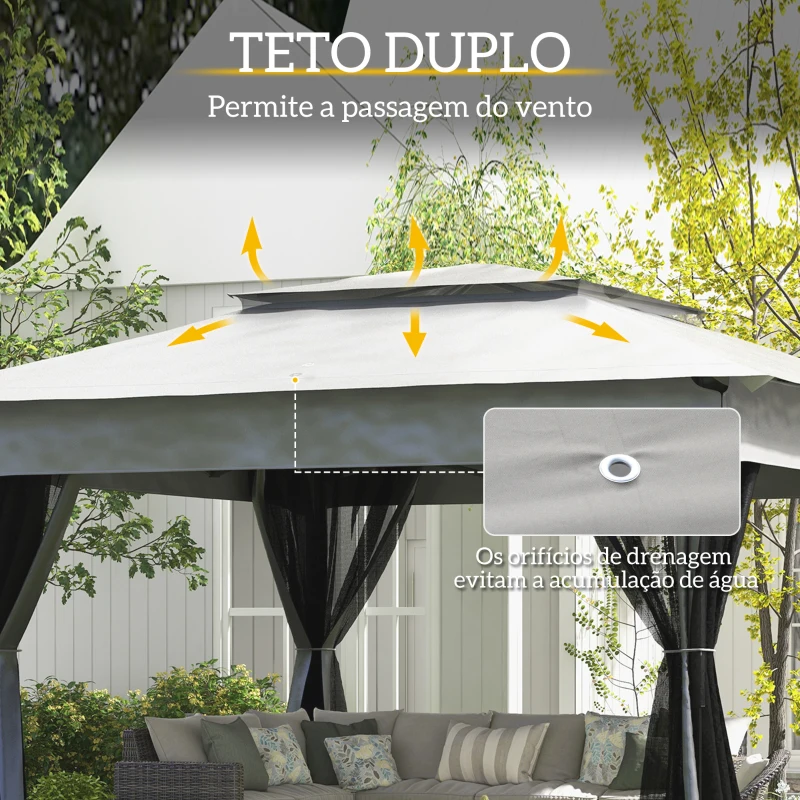 Outsunny Tenda Dobrável Exterior 325x325x270 cm Tenda de Jardim com Teto Duplo Rede Mosquiteira Amovível e Bolsa de Transporte Cinzento