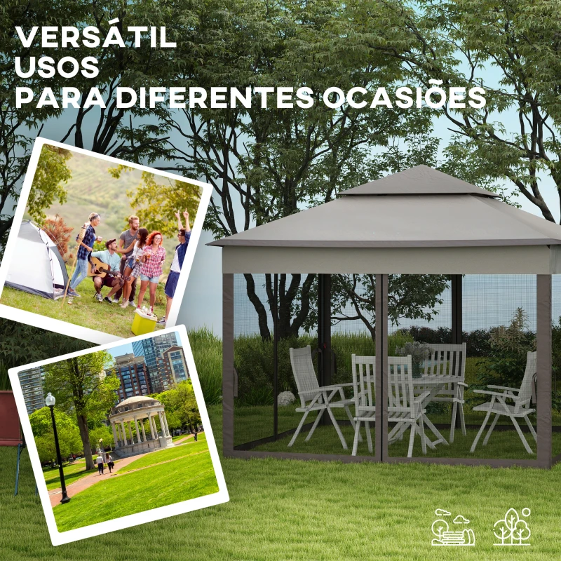 Outsunny Tenda Dobrável Exterior 325x325x270 cm Tenda de Jardim com Teto Duplo Rede Mosquiteira Amovível e Bolsa de Transporte Cinza