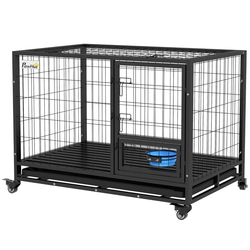 PawHut Gaiola para Cães com Parte Superior Rebatível Suporte de Tigelas Bandeja Amovível Rodas e Porta Dupla 109x72x79 cm Preto