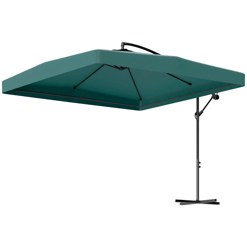 Outsunny Sombrilla de Jardín Ø295 cm Parasol Excéntrico Inclinable con Mosquiteras Base Cruzada y Manivela Verde Oscuro