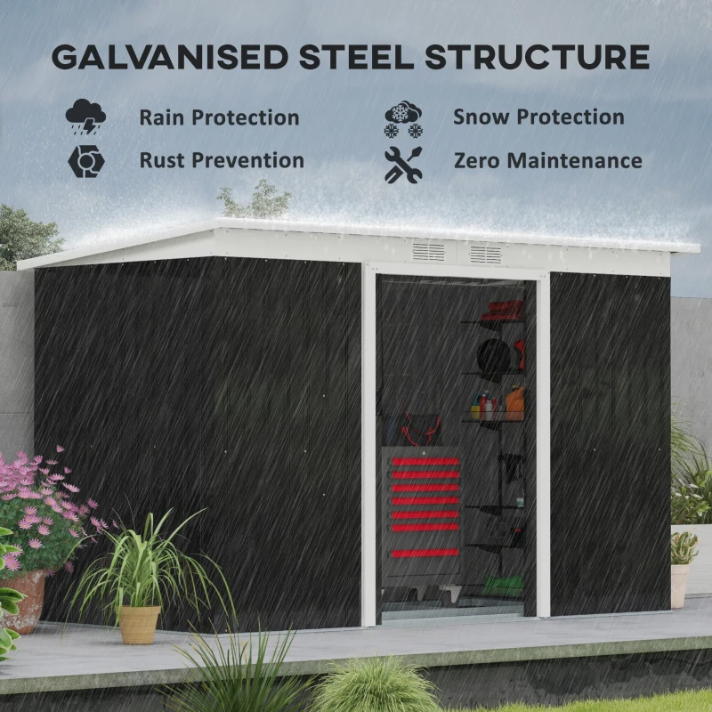 Outsunny 9ft x 4ft Corrugated Garden Metal Storage Shed Outdoor Equipment Tool Box with Foundation Ventilation & Doors Dark Grey(m-4)