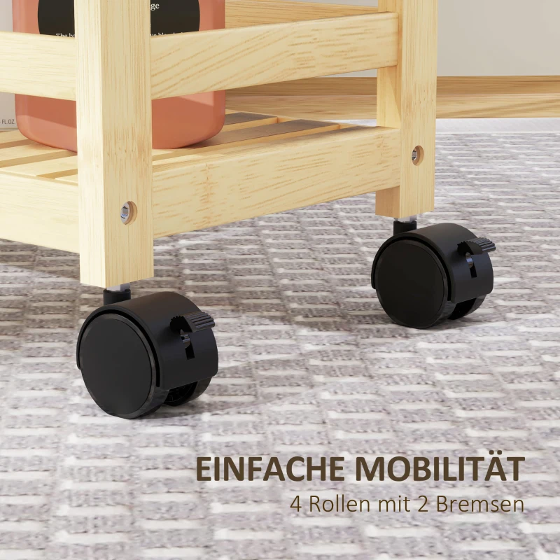 HOMCOM Wózek Serwisowy, 3 Poziomy, Półki Listwowe, Zabezpieczenie przed Wypadaniem, Bambus, 55 x 20 x 75 cm