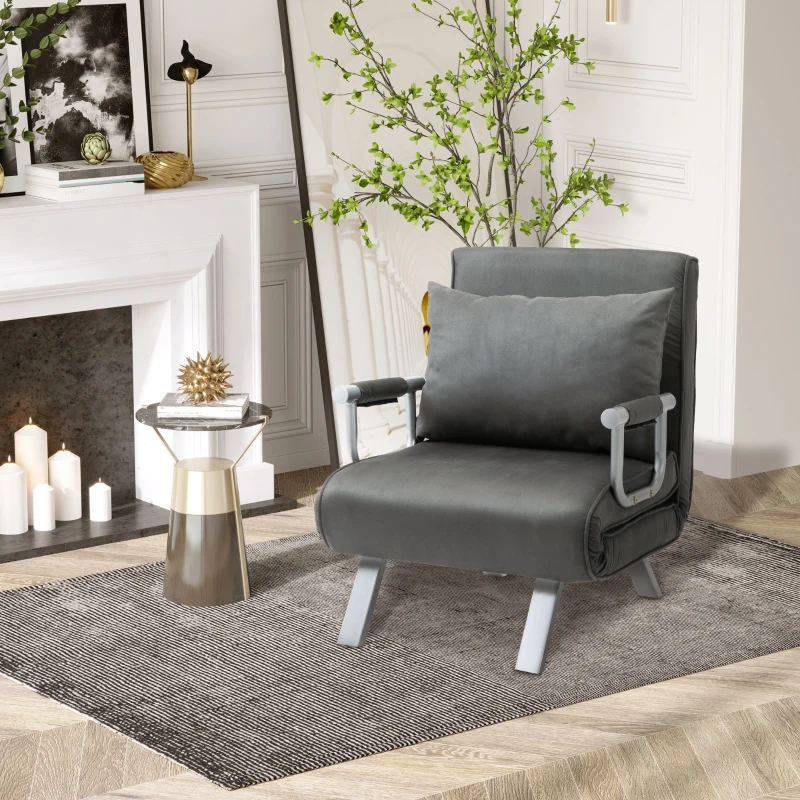 HOMCOM Modern Chair Bed Sleeper Foldable Portable Armchair Bed with Pillow for Living Room, Bedroom and Guest Room, Grey