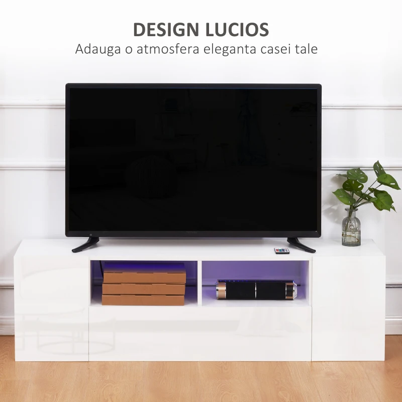HOMCOM Dulap pentru Televizor cu Luciu Intens pentru Televizoare de pana la 60” cu lumini LED, Suport TV cu Rafturi de Depozitare si Dulapuri, Alb.