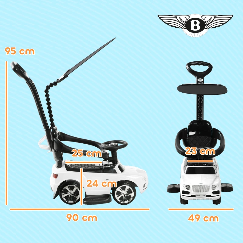 AIYAPLAY Carro Andador 3 em 1 com Licença Bentley Bentayga Carro Andador para Bebés com Guiador e Capô Desmontáveis Branco