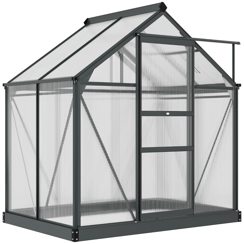 Outsunny 6 x 4ft Polycarbonate Greenhouse - Large Walk-In Green House with Sliding Door and Window, Garden Plants Growth House with Aluminium Frame and Foundation, Grey(m-11)