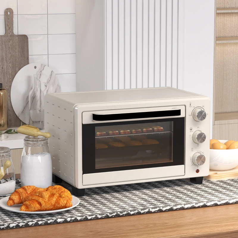 HOMCOM Minibackofen, Backofen kleine 21 L Toasterofen mit 1 Drahtgestell und 1 Backblech, 3 Kochmodi, 100 °C-230 °C, Edelstahl, Glas, Cremeweiß(m-11)