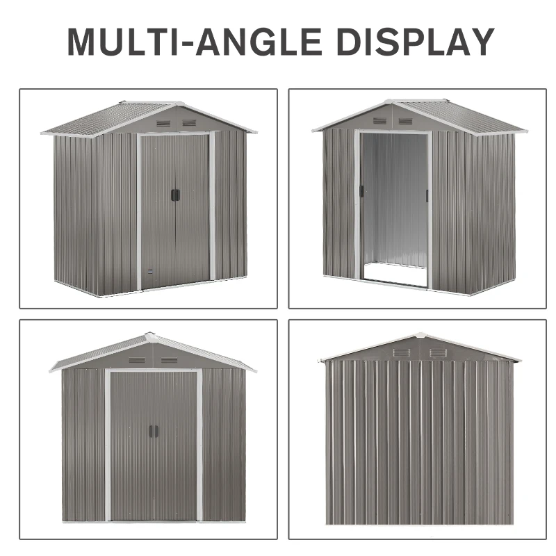 Outsunny Outdoor Garden Shed Storage, Backyard Steel Utility Tool Shed, Lawn Garage Building Organizer w/Sliding Door, Gable Roof, 1.94x1.1x1.84m, 4 Vents-Gray