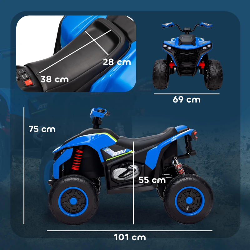 AIYAPLAY Elektrische Kinderquad, 3-6 km/u, met LED-verlichting, Muziek, USB, voor 3-8 Jarigen, Blauw