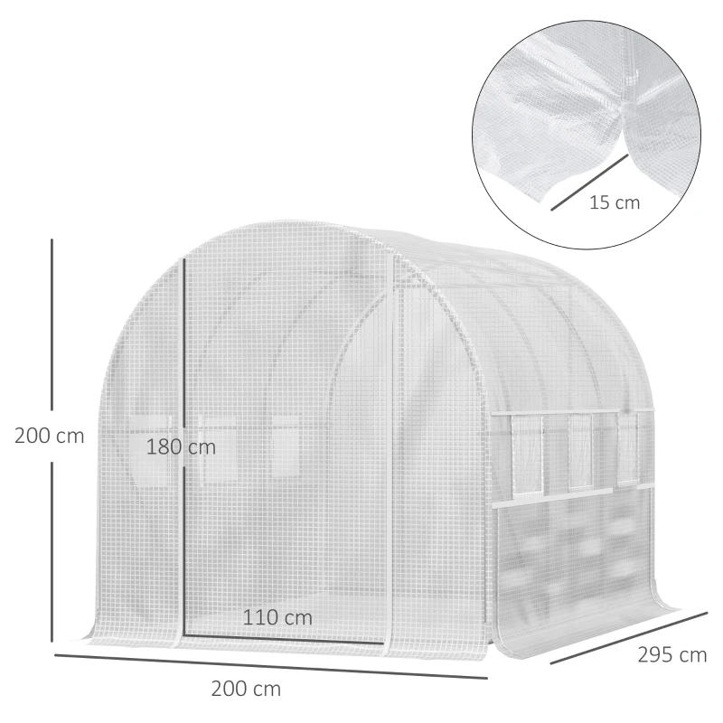 Outsunny Foliënkas met 6 oprolbare ramen, deur met ritssluiting, roestvrij stalen frame, 2,95 x 2 x 2 m, wit