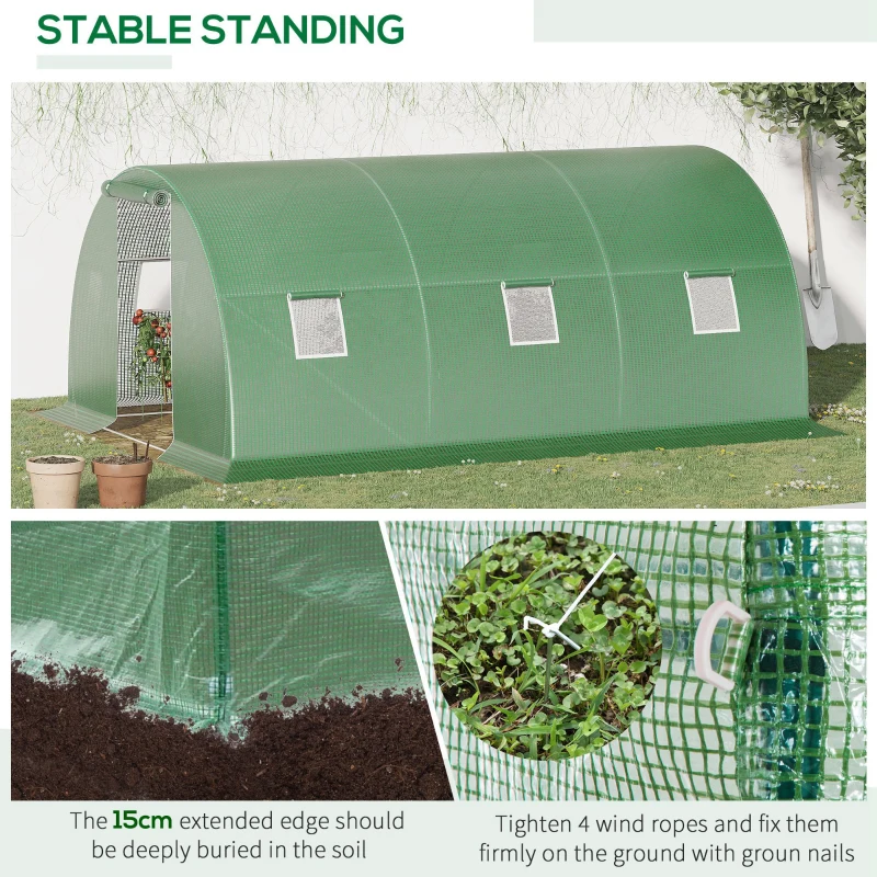 Outsunny polykas inloop polytunnel 4.5 x 3 m serre met 6 ramen serre vorstbescherming stalen buis donkergroen