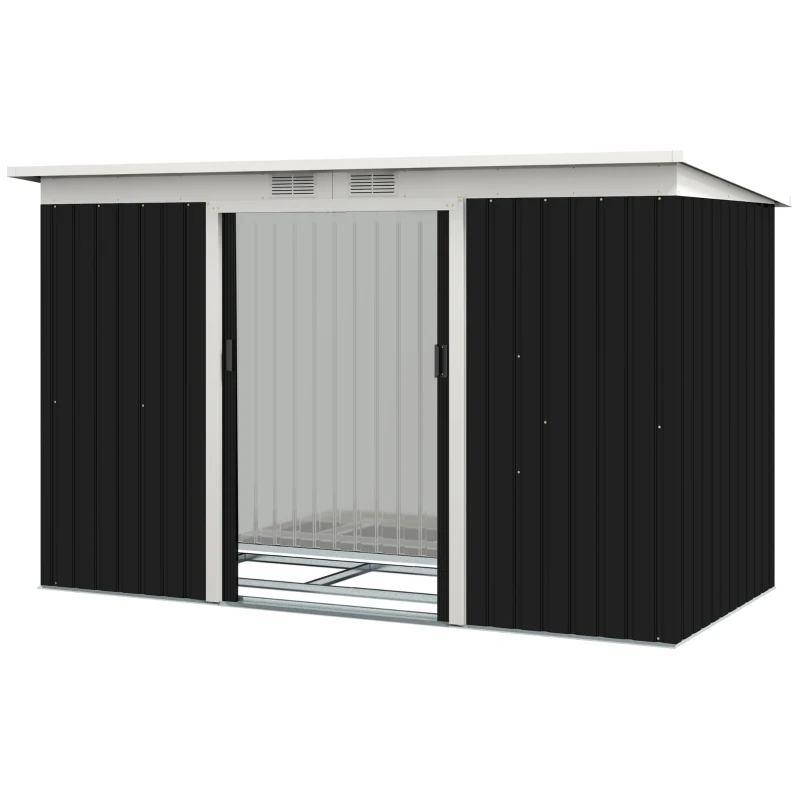 Outsunny 9ft x 4ft Corrugated Garden Metal Storage Shed Outdoor Equipment Tool Box with Foundation Ventilation & Doors Dark Grey(m-11)