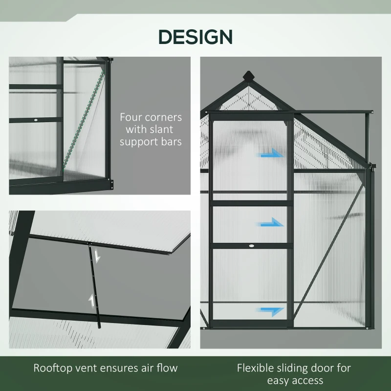 Outsunny 6 x 4ft Polycarbonate Greenhouse - Large Walk-In Green House with Sliding Door and Window, Garden Plants Growth House with Aluminium Frame and Foundation, Grey(m-6)