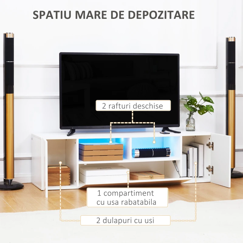 HOMCOM Dulap pentru Televizor cu Luciu Intens pentru Televizoare de pana la 60” cu lumini LED, Suport TV cu Rafturi de Depozitare si Dulapuri, Alb.