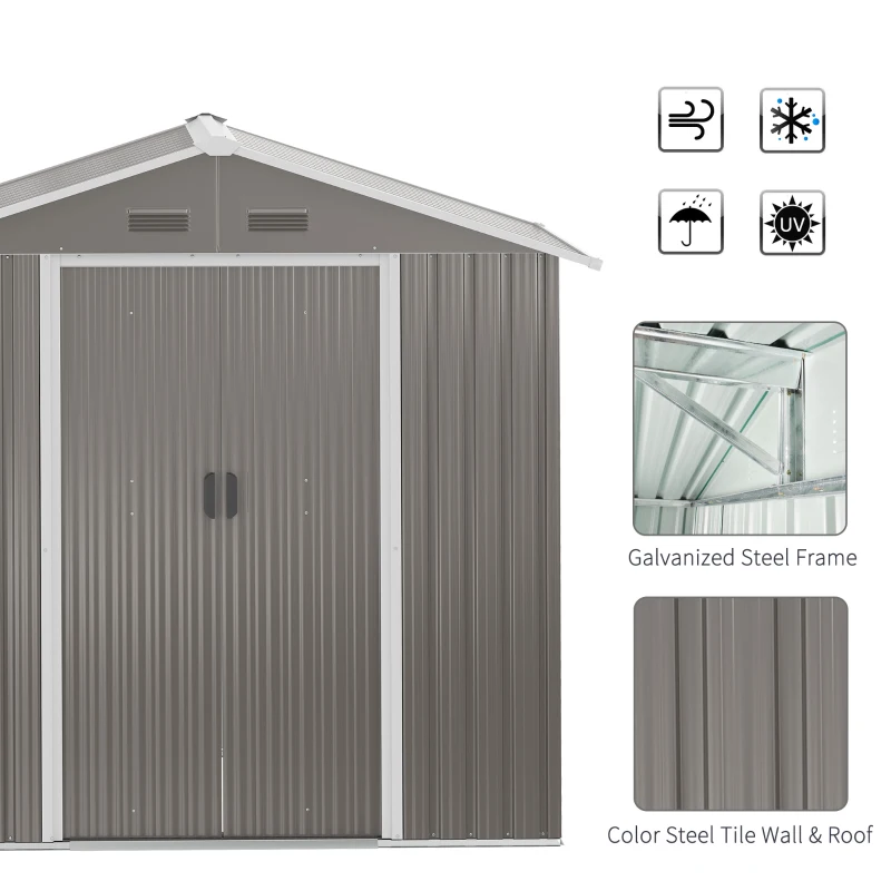 Outsunny Outdoor Garden Shed Storage, Backyard Steel Utility Tool Shed, Lawn Garage Building Organizer w/Sliding Door, Gable Roof, 1.94x1.1x1.84m, 4 Vents-Gray
