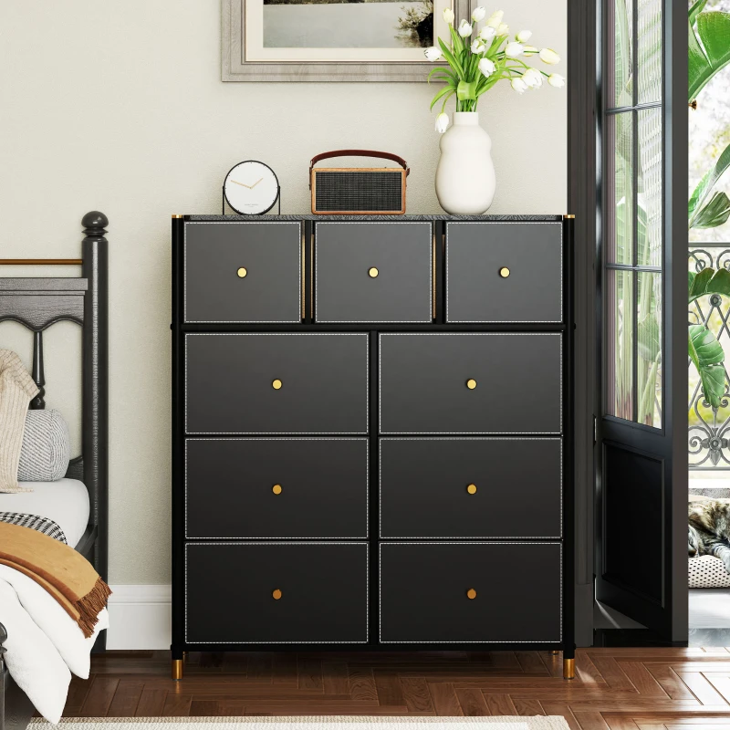 HOMCOM Cómoda para Dormitório de Tecido com 9 Gavetas Dobráveis com Frentes de Couro PU e Estrutura de Aço 88x30x103,5 cm Preto