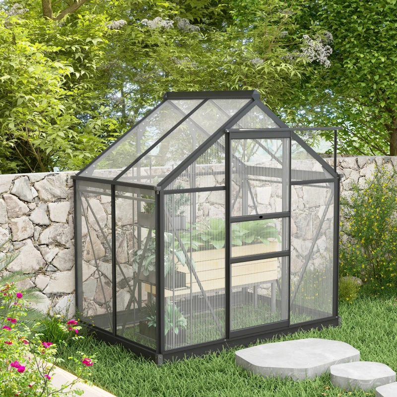 Outsunny 6 x 4ft Polycarbonate Greenhouse - Large Walk-In Green House with Sliding Door and Window, Garden Plants Growth House with Aluminium Frame and Foundation, Grey(m-2)