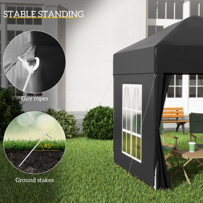 Outsunny 2 x 2 m Garden Pop Up Gazebo, Wedding Party Tent Marquee, Water Resistant Awning Canopy with Sidewalls, Windows, Carry Bag, Black(m-6)