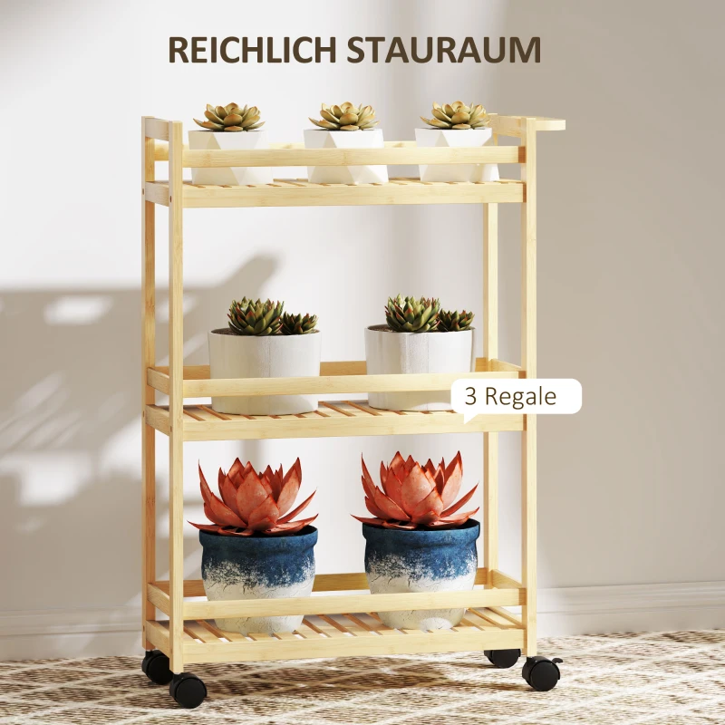 HOMCOM Wózek Serwisowy, 3 Poziomy, Półki Listwowe, Zabezpieczenie przed Wypadaniem, Bambus, 55 x 20 x 75 cm