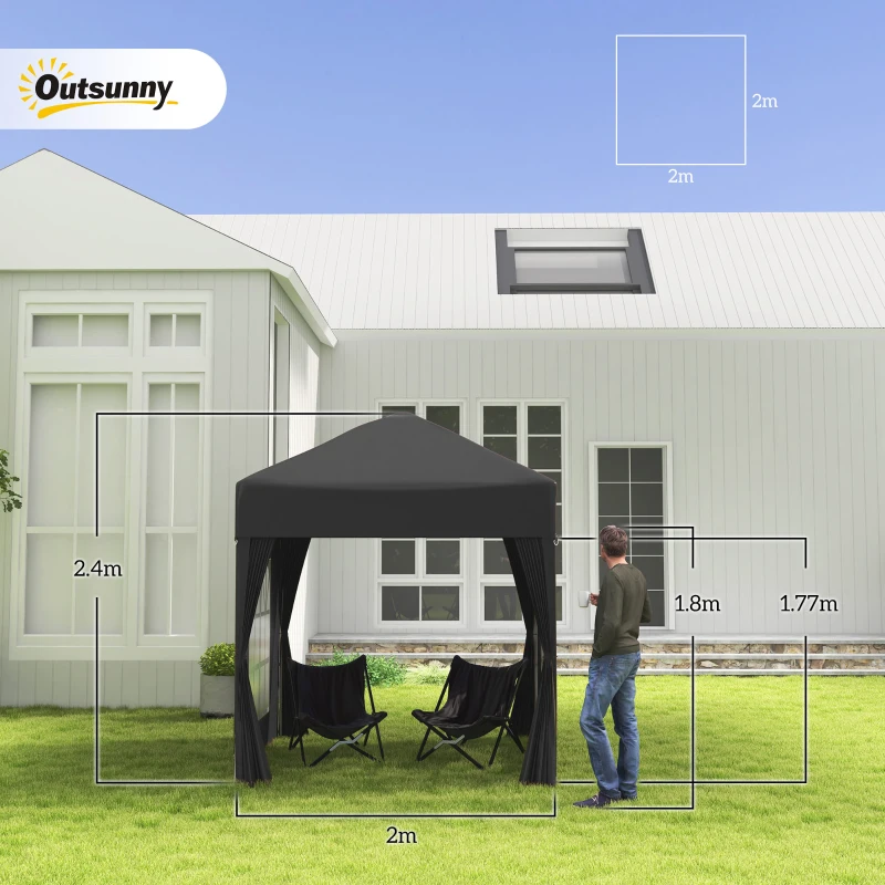 Outsunny 2 x 2 m Garden Pop Up Gazebo, Wedding Party Tent Marquee, Water Resistant Awning Canopy with Sidewalls, Windows, Carry Bag, Black(m-3)