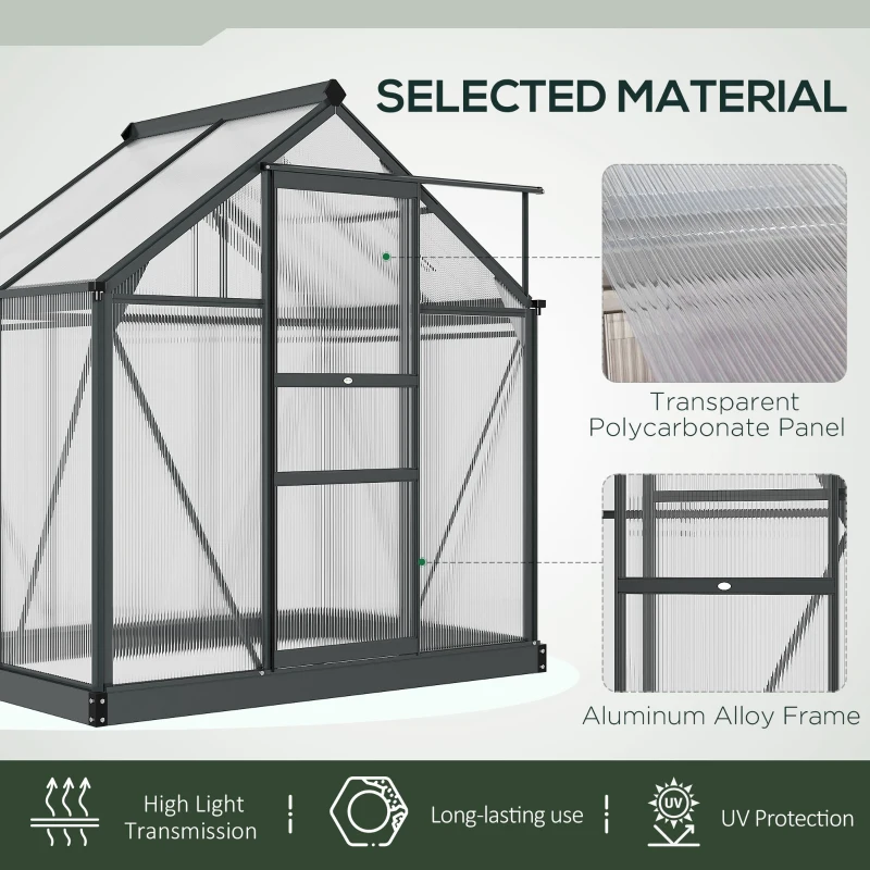 Outsunny 6 x 4ft Polycarbonate Greenhouse - Large Walk-In Green House with Sliding Door and Window, Garden Plants Growth House with Aluminium Frame and Foundation, Grey(m-5)