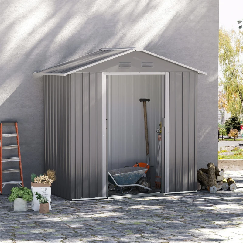 Outsunny Outdoor Garden Shed Storage, Backyard Steel Utility Tool Shed, Lawn Garage Building Organizer w/Sliding Door, Gable Roof, 1.94x1.1x1.84m, 4 Vents-Gray