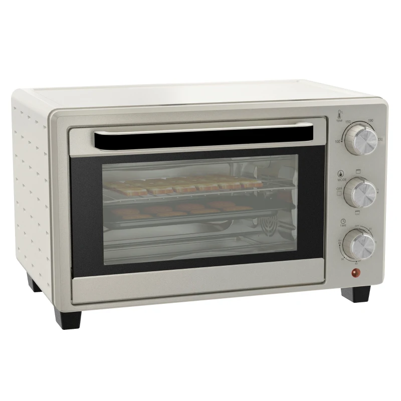 HOMCOM Minibackofen, Backofen kleine 21 L Toasterofen mit 1 Drahtgestell und 1 Backblech, 3 Kochmodi, 100 °C-230 °C, Edelstahl, Glas, Cremeweiß(m-10)