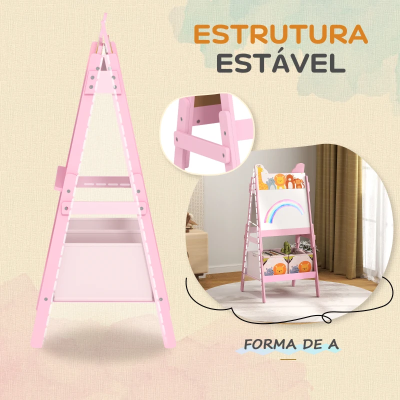 AIYAPLAY Cavalete para Crianças 2 em 1 Arsósia Infantil com Dupla Face 2 Caixas de Arrumação com Estampa em Animais 49x53,5x113 cm Rosa