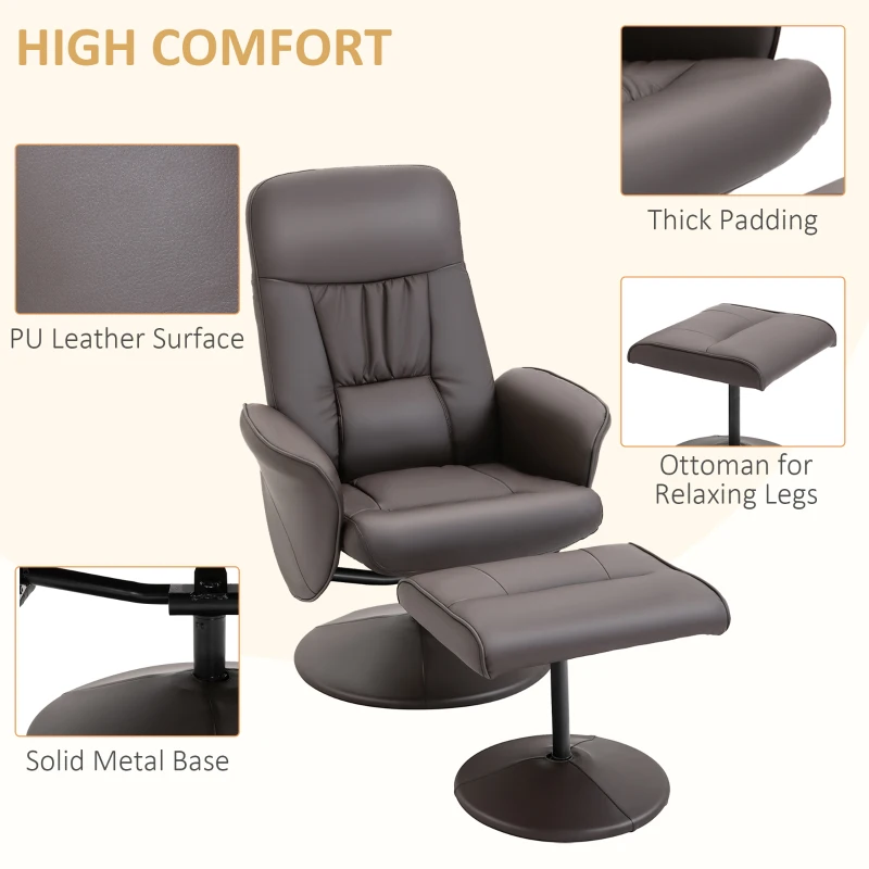HOMCOM Swivel Recliner Chair with Footstool, PU Leather Armchair and Ottoman with High Back and Round Base for Living Room, Brown