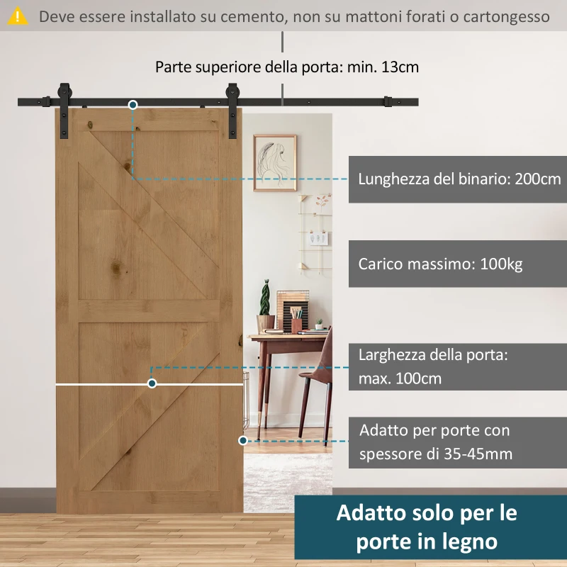 HOMCOM 200cm Binario per Porta Scorrevole Kit Accessori con Binario e Rulli Portata 100kg Acciaio al Carbonio 200×4×0.6cm