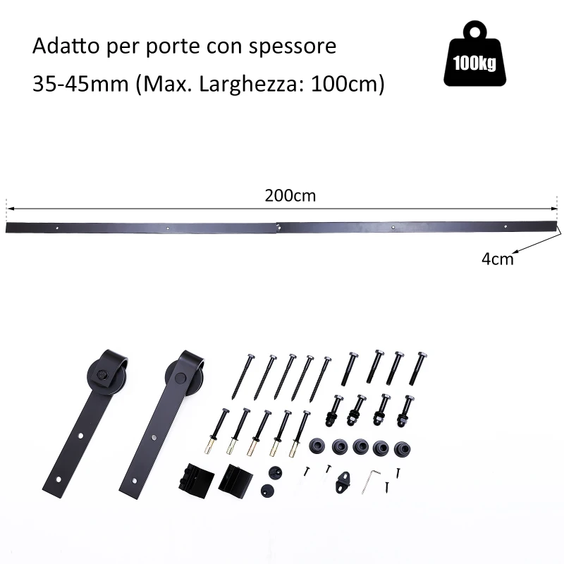 HOMCOM 200cm Binario per Porta Scorrevole Kit Accessori con Binario e Rulli Portata 100kg Acciaio al Carbonio 200×4×0.6cm